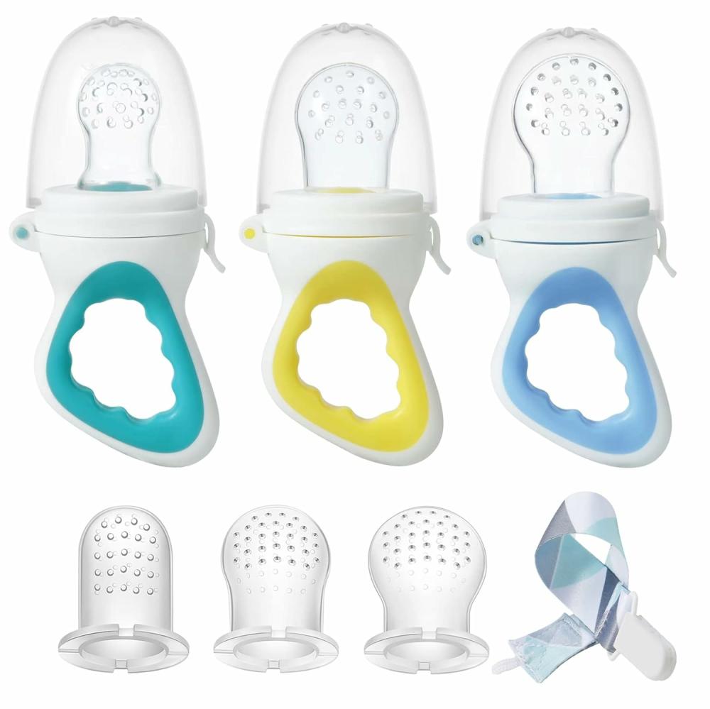 Anneaux de dentition  | Pack de 3 Nourrisseurs pour Bébé – Nourrisseur de Fruits Frais avec 3 Poches en Silicone de Tailles Différentes et 1 Clip de Sucette – Jouet de Massage d’Entraînement et Anneau de Dentition