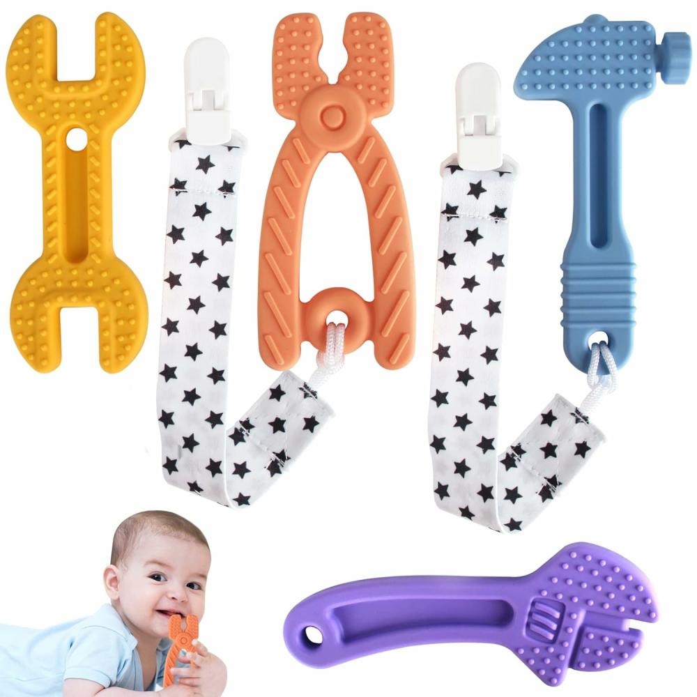 Anneaux de dentition  | Pack de 4 jouets de dentition en silicone doux pour tout-petits – Marteau, clé à molette, clé et pince – Formes d’outils pour apaiser les gencives des bébés – Ensemble de dentition (Ensemble Marteau)