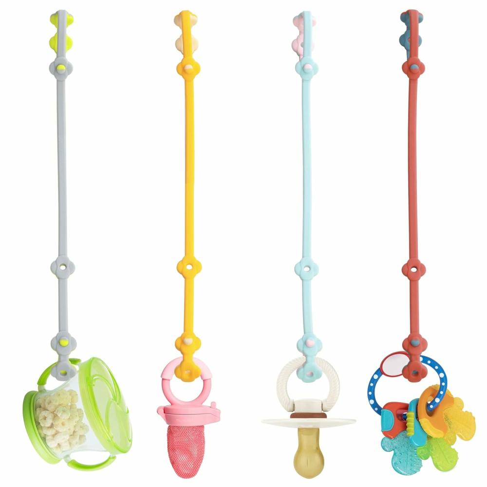 Anneaux de dentition  | Sangles de sécurité pour jouets 4Pk Clips de tétine en silicone extensible Harnais pour bébé et tout-petit, Sangles pour poussettes, chaise haute, chariot de courses, lits d’enfant, Exersaucer.