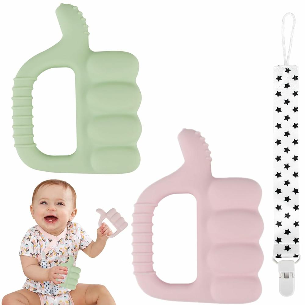 Anneaux de dentition  | Soin des Gencives : Lot de 2 Anneaux de Dentition en Silicone avec Texture en Forme de Pouce – Exploration Sensorielle et Soulagement des Dents avec Poignée Facile à Tenir – Cadeau Mignon pour Bébé – Jouet à Mordre pour Nourrissons (Rose & Vert)