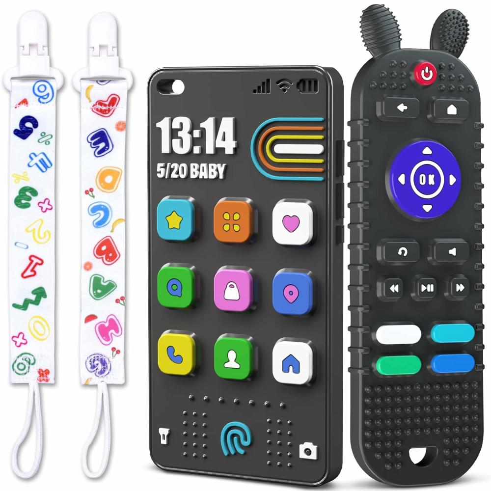 Anneaux de dentition  | Télécommande en forme de jouets de dentition pour bébé et jouets de dentition en forme de téléphone pour bébés de 6 à 12 mois – jouets à mâcher en silicone souple et flexible pour bébé – Noir