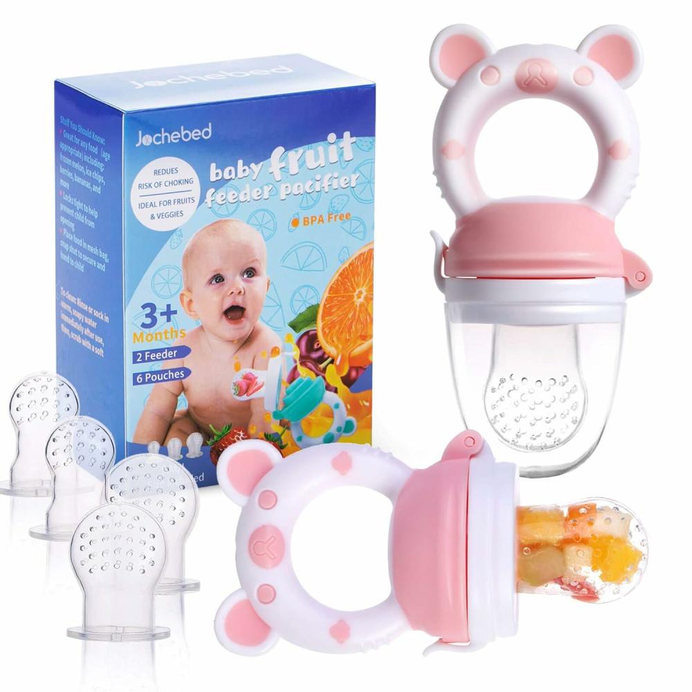 Anneaux de dentition  | Tétine de Nourriture pour Bébé – Distributeur de Nourriture Fraîche pour Bébé – Jouet de Dentition en Fruits pour Nourrissons de 3 à 24 Mois – 6 Poches en Silicone pour Tout-Petits, Enfants et Bébés – Pack de 2 (Rose Clair)