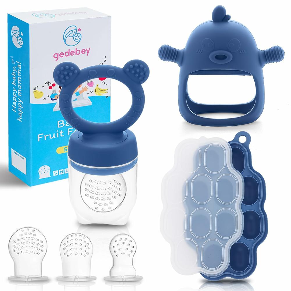 Anneaux de dentition  | Tétine de Nourriture pour Bébé – Pack de 3 | 1 Tétine pour Aliments pour Bébé & 1 Anneau de Dentition pour Bébé & 1 Moule à Popsicle pour Bébé | Moules à Popsicle au Lait Maternel | Jouets de Dentition pour Bébé | Tétine de Nourriture aux Fruits pour Bébé (Bleu Acier)