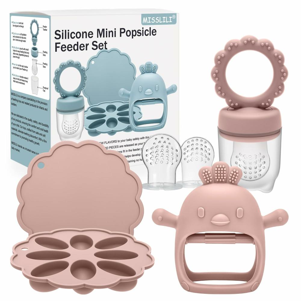 Anneaux de dentition  | Tétine en silicone pour bébé avec distributeur de fruits et moules à sucettes de lait maternel, récipients de stockage pour aliments pour bébés sans BPA, plateau à glace pour congeler en toute sécurité, jouet de dentition en forme de fruit pour nourrissons (Rose)