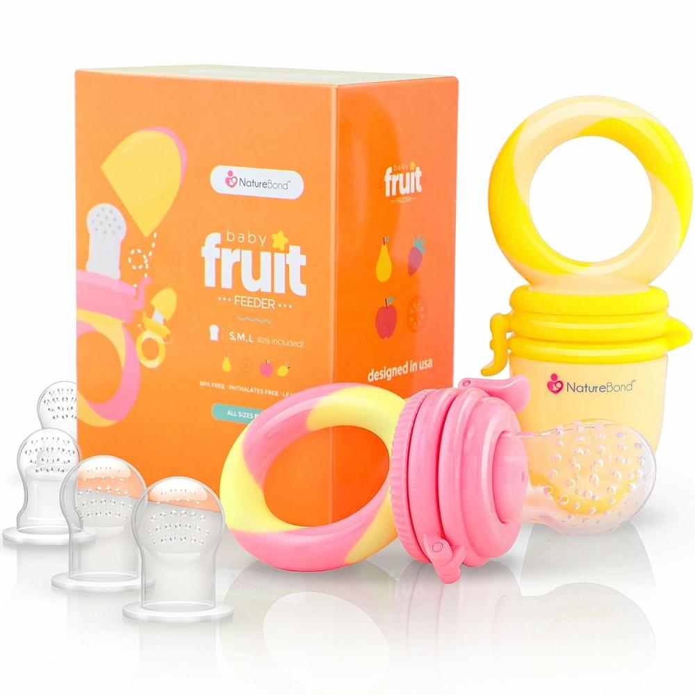 Anneaux de dentition  | Tétine Nourrisseur pour Bébé / Tétine Nibbler pour Fruits (Pack de 2) – Jouet de Dentition pour Nourrissons, Sevrage en Couleurs Appétissantes | + Sacs en Silicone Supplémentaires