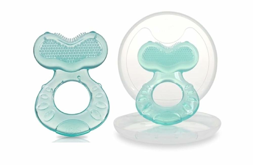 Anneaux de dentition  | Teether Silicone Teethe-Eez avec poils – Comprend un étui hygiénique – Aqua (Lot de 2)