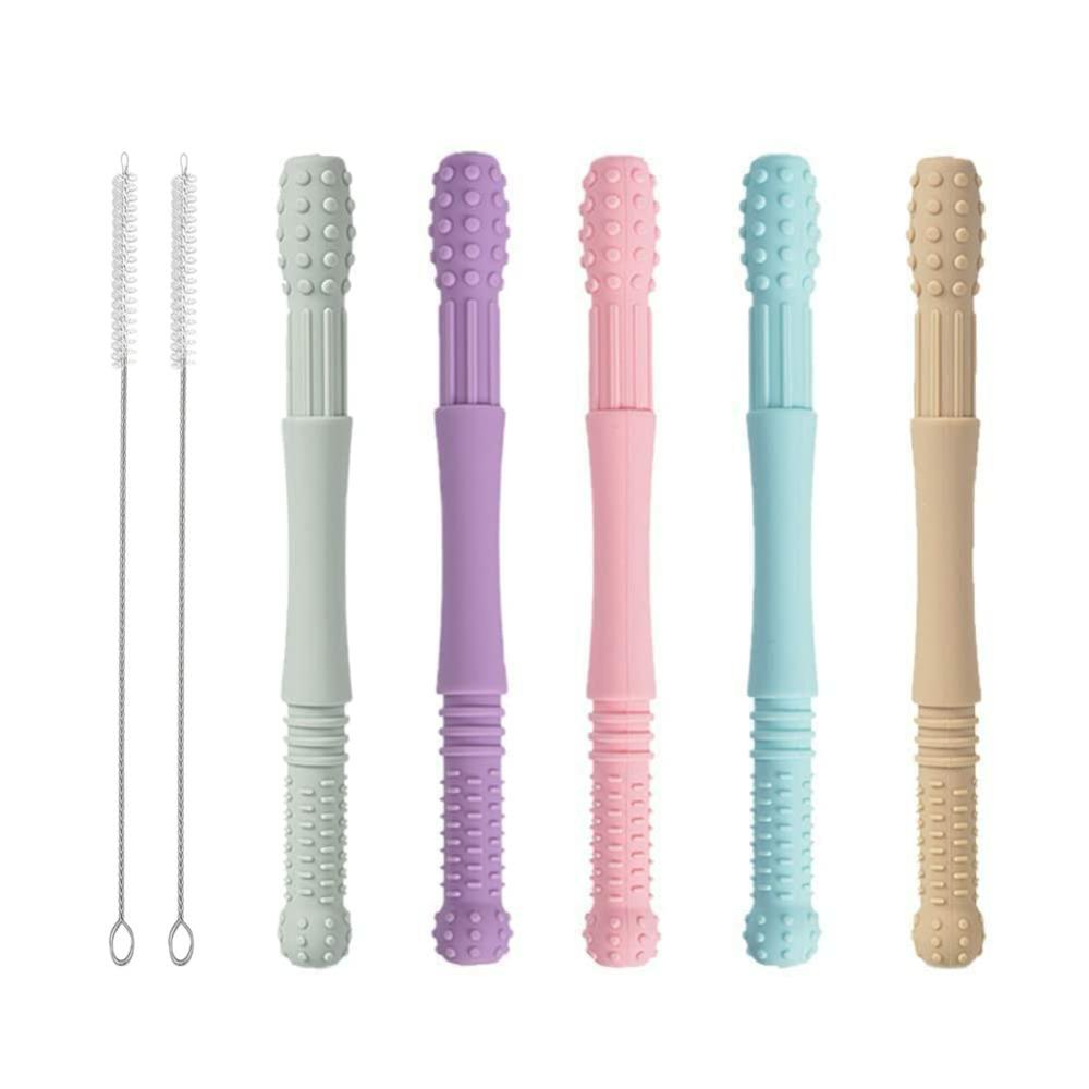 Anneaux de dentition  | Tubes de Dentition Creux – Pack de 5 Tubes de Dentition en Silicone Doux – Jouet de Dentition Apaisant pour Bébé – Jouet Paille à Mordre pour Bébés de 3 à 12 Mois avec Brosse de Nettoyage – Lavable au Lave-Vaisselle (16,8 cm)