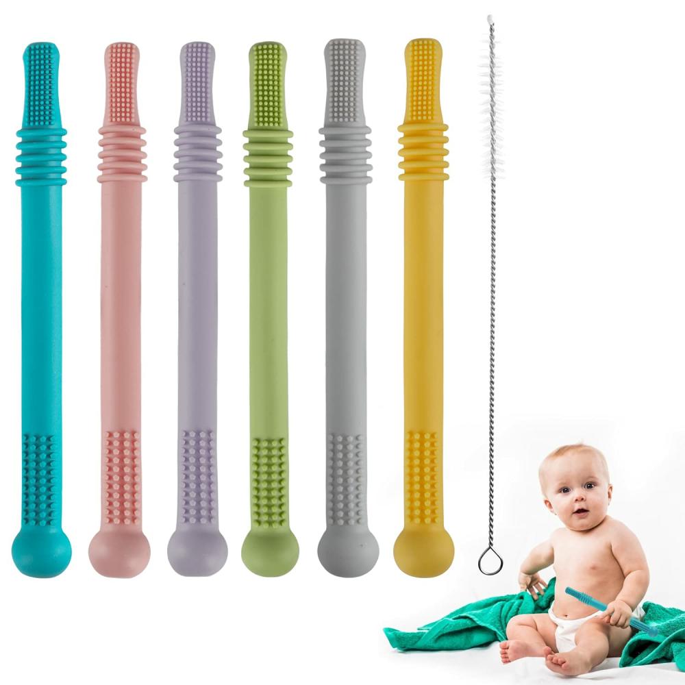 Anneaux de dentition  | Tubes de Dentition Creux – Pack de 6 – Jouet Paille à Mâcher pour Nourrissons et Tout-Petits – Tubes en Silicone pour Dents de Lait – Jouets de Dentition pour Bébés de 3 à 12 Mois – Sans BPA / Congelable / Sûr pour Lave-Vaisselle et Réfrigérateur