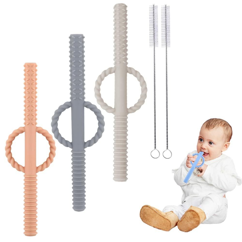 Anneaux de dentition  | Tubes de dentition creux pour bébé, jouet de dentition en silicone apaisant pour bébé avec poignée, pailles de dentition pour tout-petits (beige, gris, kaki)