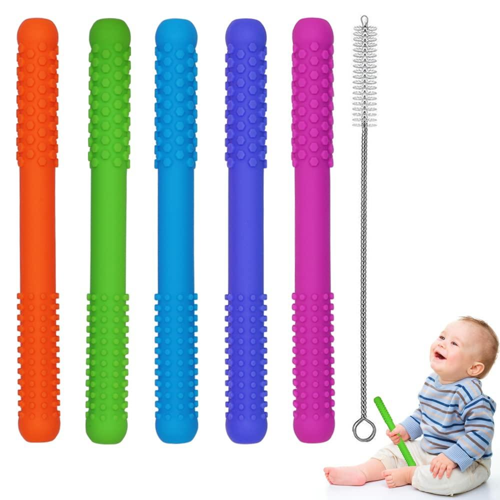 Anneaux de dentition  | Tubes de dentition creux pour bébés filles et garçons – Pack de 5 jouets en silicone pour bébés – Tube de dentition pour nourrissons avec fonction de mastication – Pailles à mâcher pour tout-petits de 6 à 12 mois (Style A)