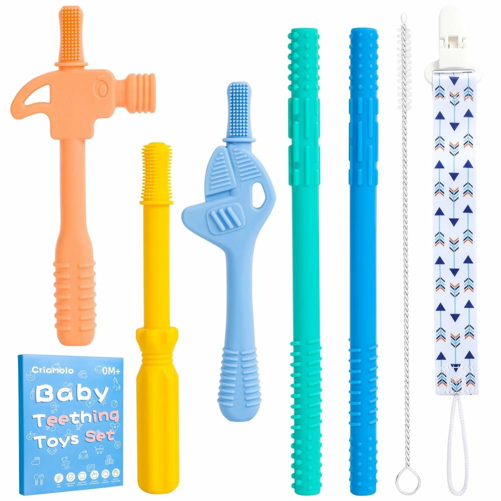 Anneaux de dentition  | Tuyau de dentition creux, pailles à mâcher pour tout-petits de 6 à 12 mois, anneau de dentition en silicone sans BPA, jouets à mâcher pour bébés, pack de 5 jouets de dentition en forme de marteau et de clé à molette, cadeau pour garçons et filles.