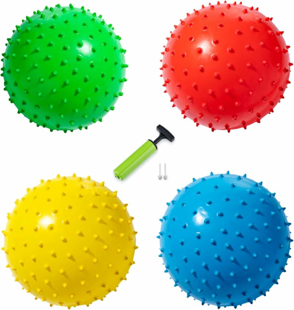 Balles  | Balles Douces Pour Enfants – Ensemble de Quatre Balles Épineuses de 8,5″ Plus Pompe et 2 Épingles – Ballon Sensitif Gonflable Durable pour Enfants, Tout-Petits et Animaux de Compagnie – Balle Souple et Rebondissante