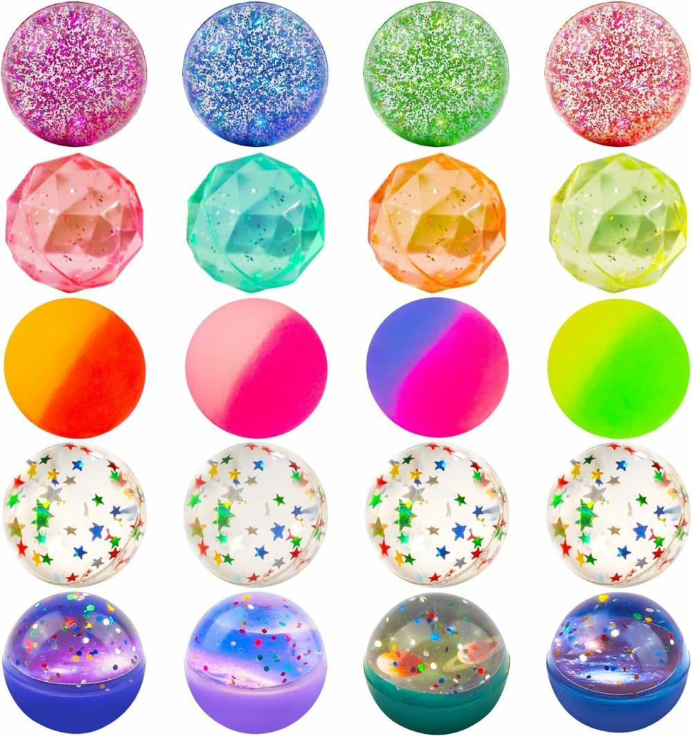 Balles  | Balles rebondissantes pour enfants – 20 pièces, 5 styles, balles rebondissantes assorties de 32 mm avec sac de rangement pour cadeaux d’anniversaire.