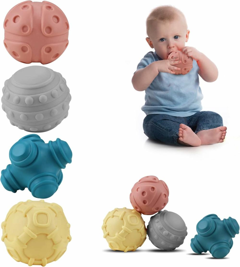 Balles  | Set de Balles Texturées Douces pour Bébé, Jouets de Balles Sensorielles, Balles de Jouets Sonores et de Bain, Convient aux Jouets d’Exploration Sensorielle pour Bébé à partir de 6 Mois (4 Pièces)