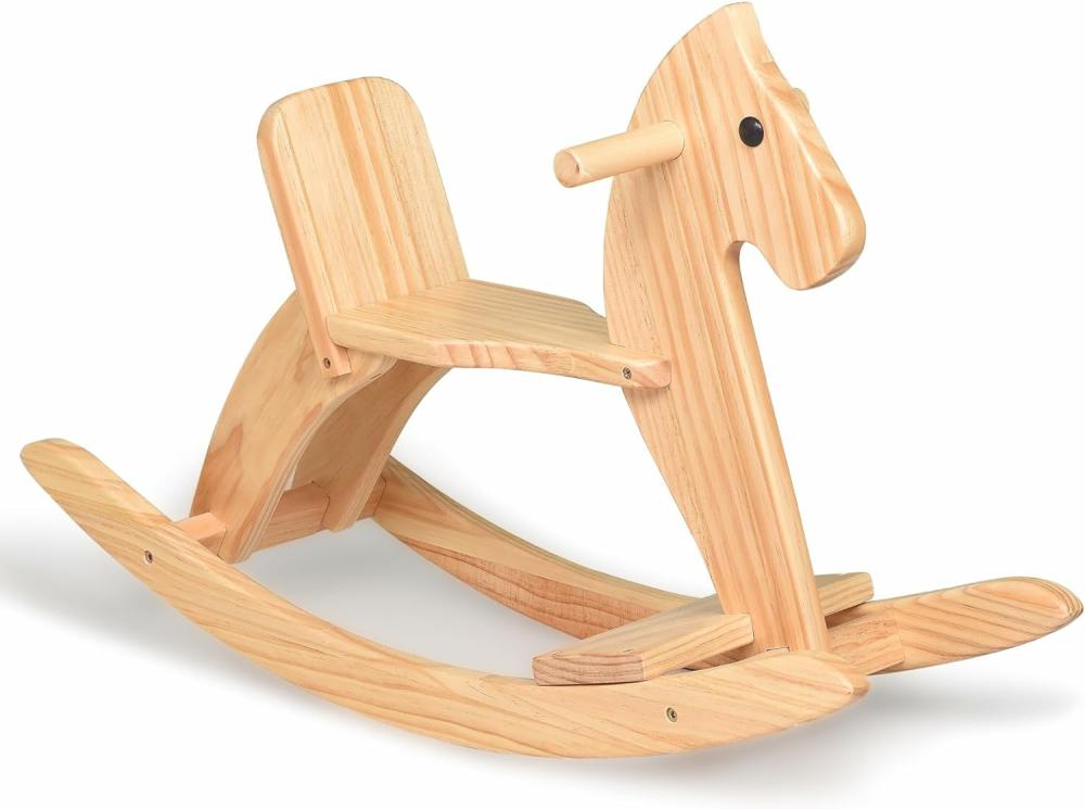 Chevaux à bascule et animaux  | Cheval à bascule en bois pour enfants, jouet à chevaucher au design classique, cheval à bascule avec pédale et dossier sécurisé, finition soignée (Classique Naturel)