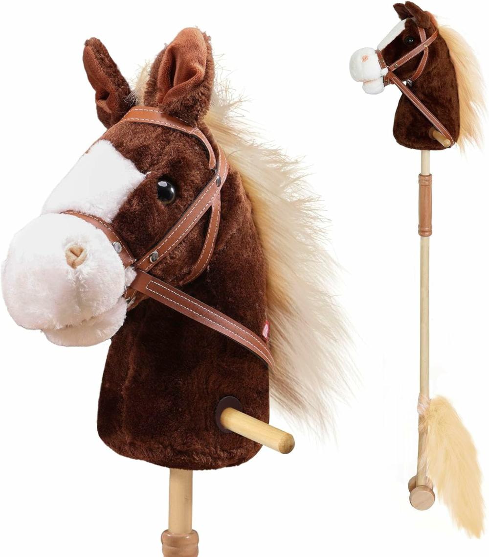 Chevaux en bâton  | Cheval Bâton avec Effets Sonores Réalistes – Cheval de Loisirs – Pôle en Bois – Poignée et Roues – Jouet Cheval de 38” de Haut – Cadeau Pour Enfants et Tout-Petits à Partir de 3 Ans – Chocolat (Piles Aa Requises)