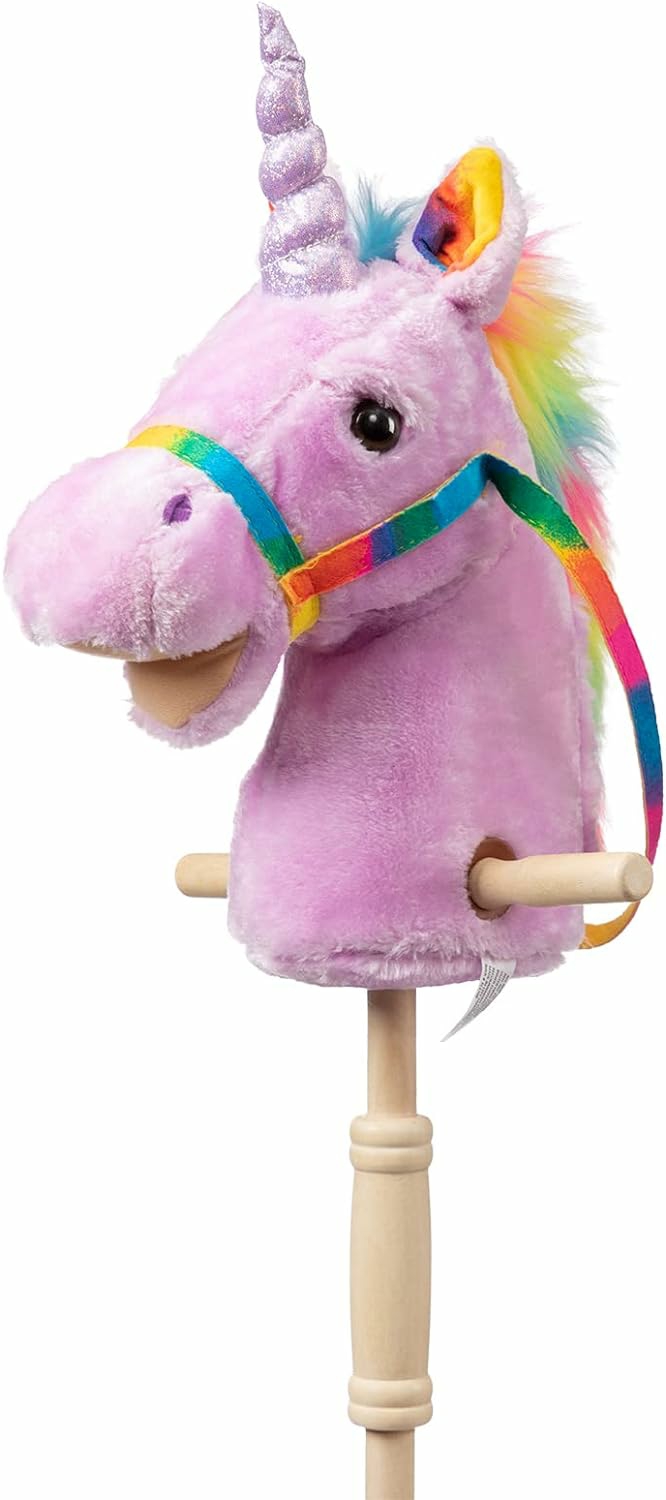 Chevaux en bâton  | Cheval à bâton licorne en peluche avec roues en bois, sons réels de hennissement et de galop de poney, jouet licorne en peluche violet de 37 pouces (piles AA requises)