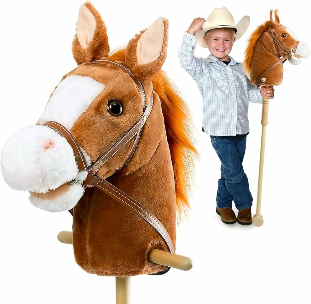 Chevaux en bâton  | Poney en Peluche Fait Main – Cheval à Bâton avec Roues en Bois, Sons Réalistes de Neigh et de Galop pour Enfants et Tout-Petits – Marron Foncé, 36 Pouces (Piles AA Requises)