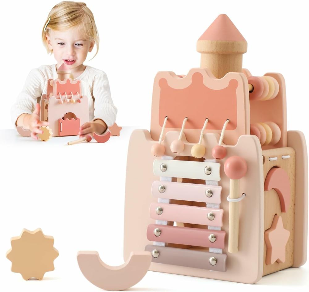 Cubes d’activités  | Cube d’activité en bois 5-en-1 – Jouets Montessori tableau d’activités polyvalents – Jouets éducatifs sensoriels pour bébés et tout-petits avec miroir – Cadeau d’anniversaire pour fille – Cadeaux personnalisés pour bébés