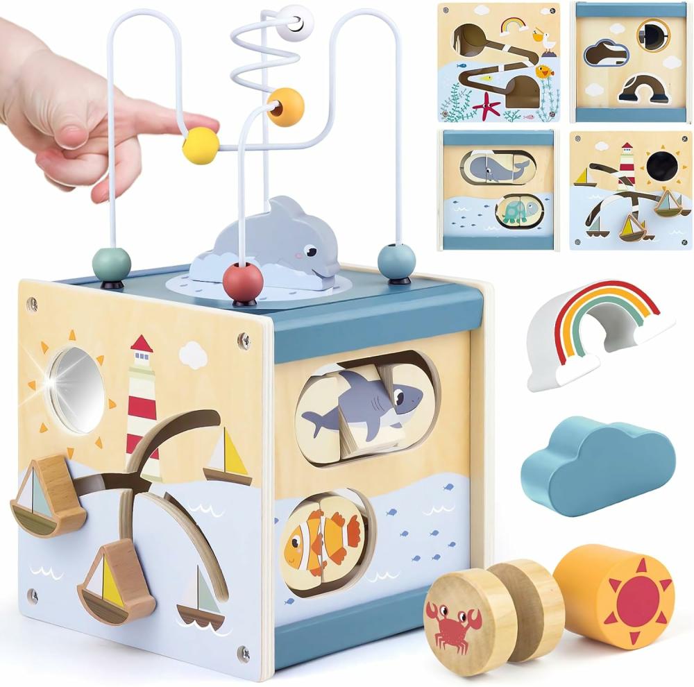 Cubes d’activités  | Cube d’activité en bois Jouets Montessori pour enfants de 1 an 12 mois + Jouets d’apprentissage pour tout-petits 1-3 garçons filles Cadeau d’anniversaire interactif sensoriel pour bébé