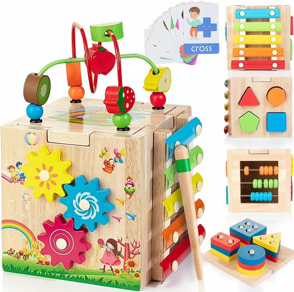 Cubes d’activités  | Cube d’Activités en Bois | Jouets Montessori 8-en-1 pour Enfants de 1 an et Plus | Cadeaux de Premier Anniversaire pour Garçons et Filles | Ensemble de Jouets Éducatifs pour Bébé avec Tableau de Tri et d’Empilage en Bonus