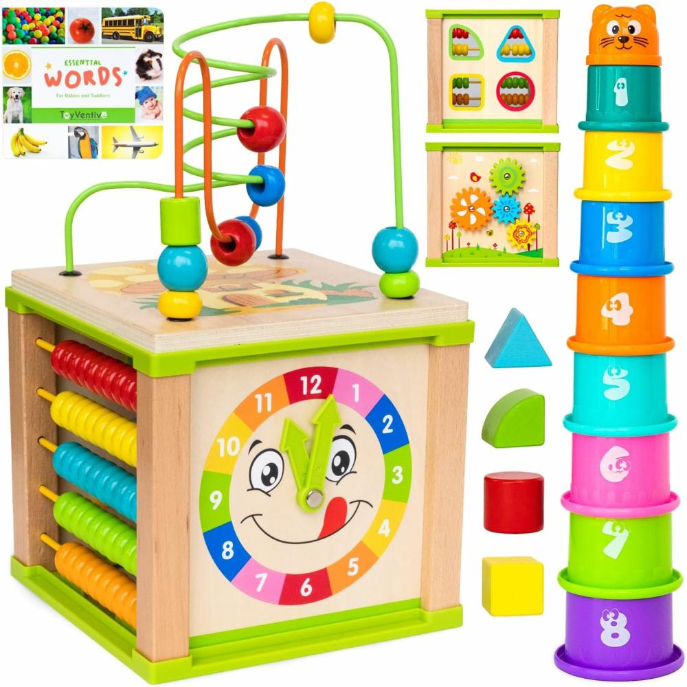 Cubes d’activités  | Cube d’activités en bois – Jouets Montessori – Jouet éducatif sensoriel multifonction pour bébé de 1 à 2 ans, enfant, garçon | Cadeau d’anniversaire | Livre bonus des premiers mots