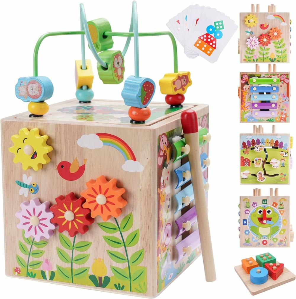 Cubes d’activités  | Cube d’activités en bois | Jouets Montessori pour les tout-petits de 1 à 3 ans | Cadeau d’anniversaire pour le premier anniversaire | Jouets éducatifs pour bébés garçons et filles de 12 mois et plus | Jeu de tri et d’empilage bonus (Rose)