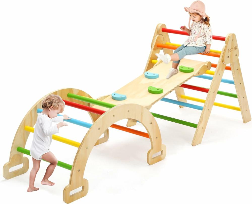 Grimpeurs intérieurs et structures de jeu  | Ensemble de triangle Pikler 5 en 1 – Jouets d’escalade Montessori arc-en-ciel pour bébés – Aire de jeux intérieure pour enfants – Jouets d’escalade intérieurs pliables avec rampe – Grimpeur en arc – Jouets d’escalade pour bébés de 1 à 3 ans.