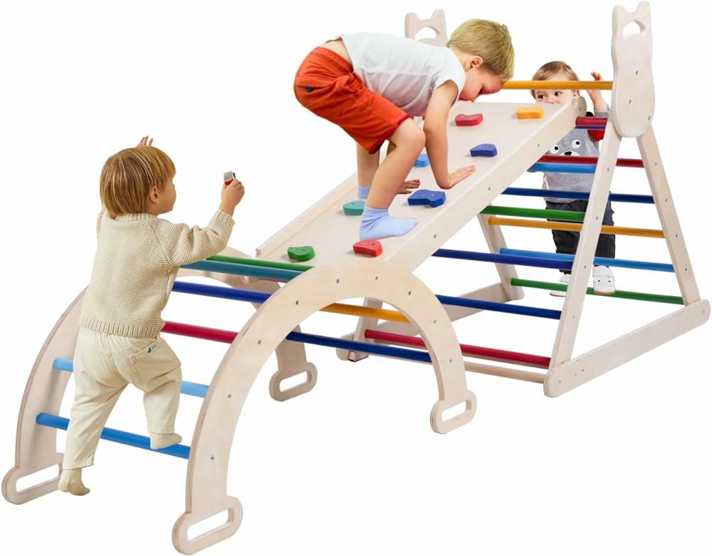 Grimpeurs intérieurs et structures de jeu  | Jeu de Triangle Pikler 5 en 1 – Ensemble d’escalade Montessori pour bébés, jouets d’escalade, aire de jeux intérieure, grande taille, pente d’escalade ajustable, ensemble d’escalade en bois pour tout-petits, adapté aux enfants de 0 à 8 ans.