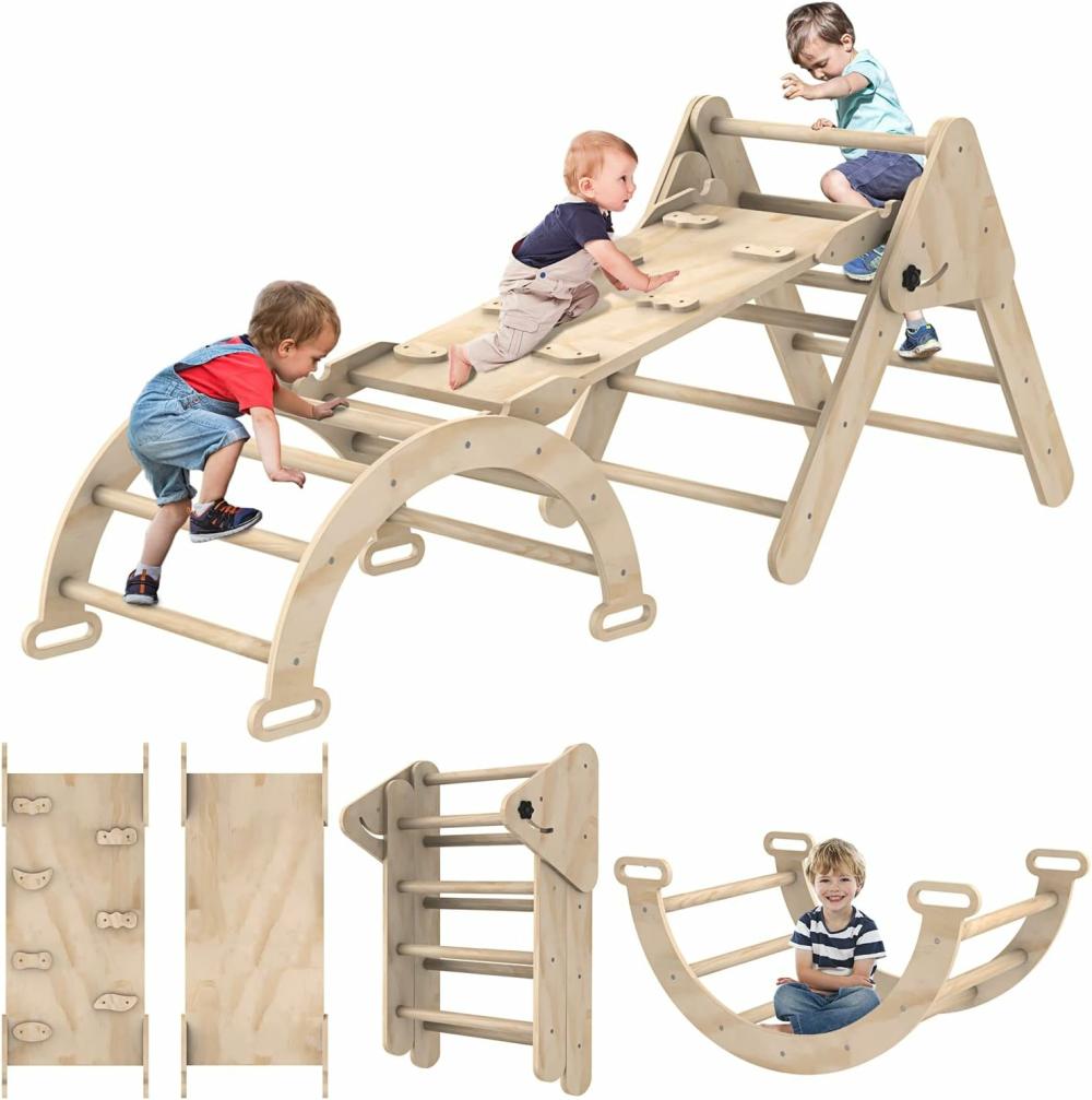 Grimpeurs intérieurs et structures de jeu  | Jouets d’escalade pour tout-petits d’intérieur – Jouets d’escalade pliables pour tout-petits – Ensemble d’escalade Montessori avec grimpeur en triangle, rampe en arc, grimpeur rocheux, toboggan, bascule – Jouets en bois Montessori pour tout-petits.