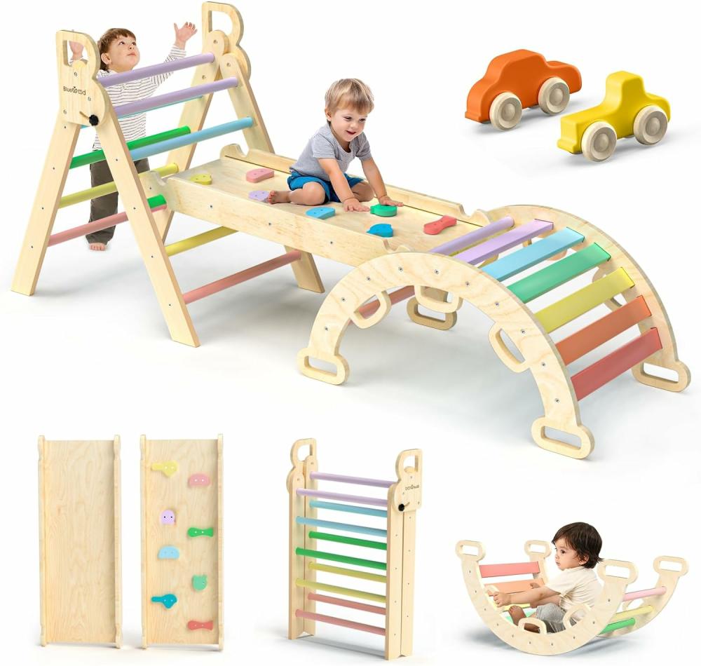 Grimpeurs intérieurs et structures de jeu  | Set de Triangle Pikler 7 en 1 Jouets d’Escalade pour Bébé Pliables en Bois Ensemble d’Escalade Montessori avec Arche, Rampe et Échelle Grimpeur pour Bébé Gymnases Intérieurs pour Tout-Petits Jouets Montessori – Arc-en-ciel