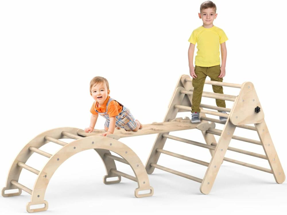 Grimpeurs intérieurs et structures de jeu  | Triangle d’escalade pliable en bois avec rampe pour glisser ou grimper – Ensemble de 3 jouets de gym sécurisés et robustes pour enfants – Aire de jeux intérieure et extérieure pour l’escalade des tout-petits.