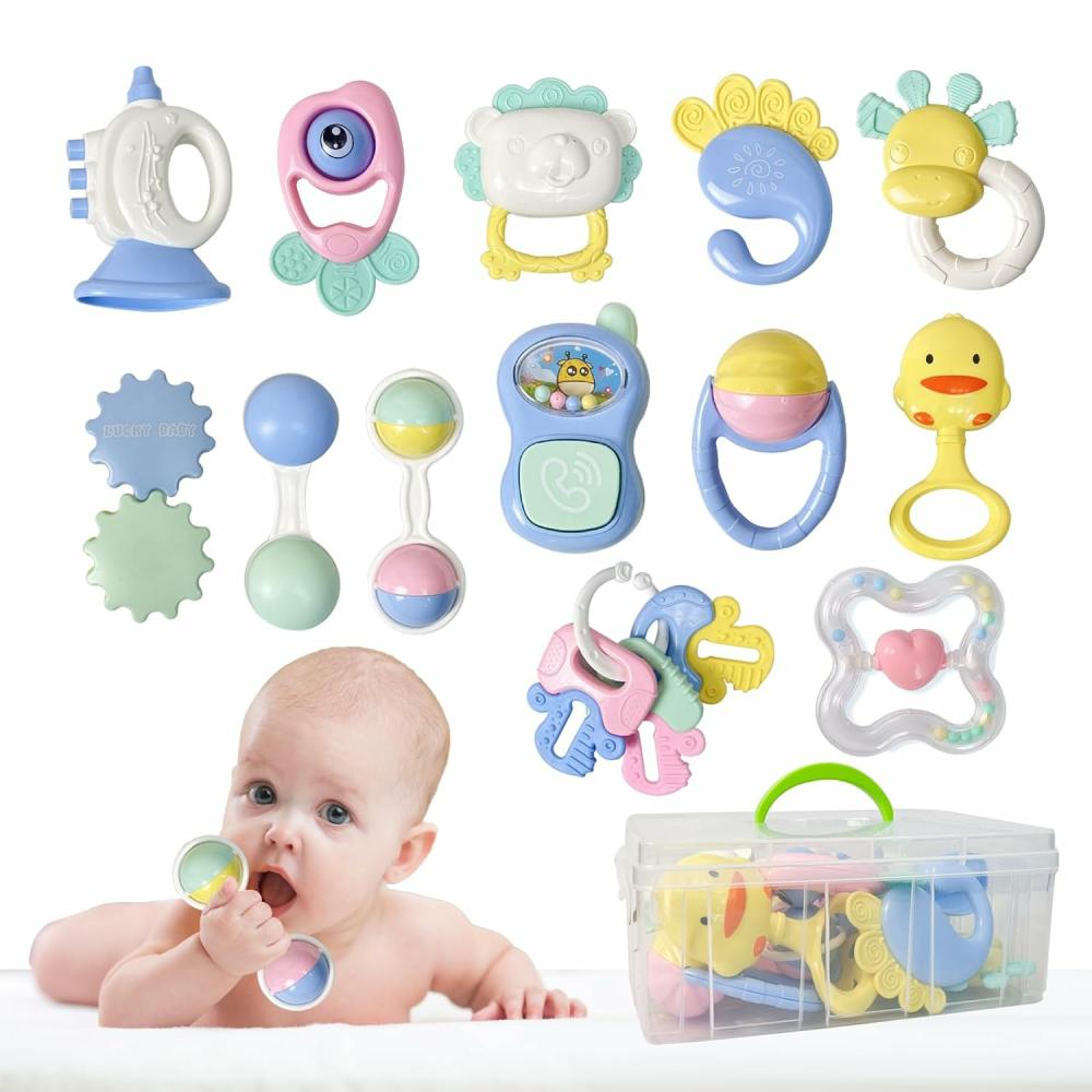 Hochets et anneaux en peluche  | 13 pièces de hochets pour bébé 0-6 mois, jouets de dentition avec étui de rangement, jouets pour nourrissons 0-3-6-12 mois, jouets pour fille, meilleur cadeau de naissance pour bébés garçons et filles.