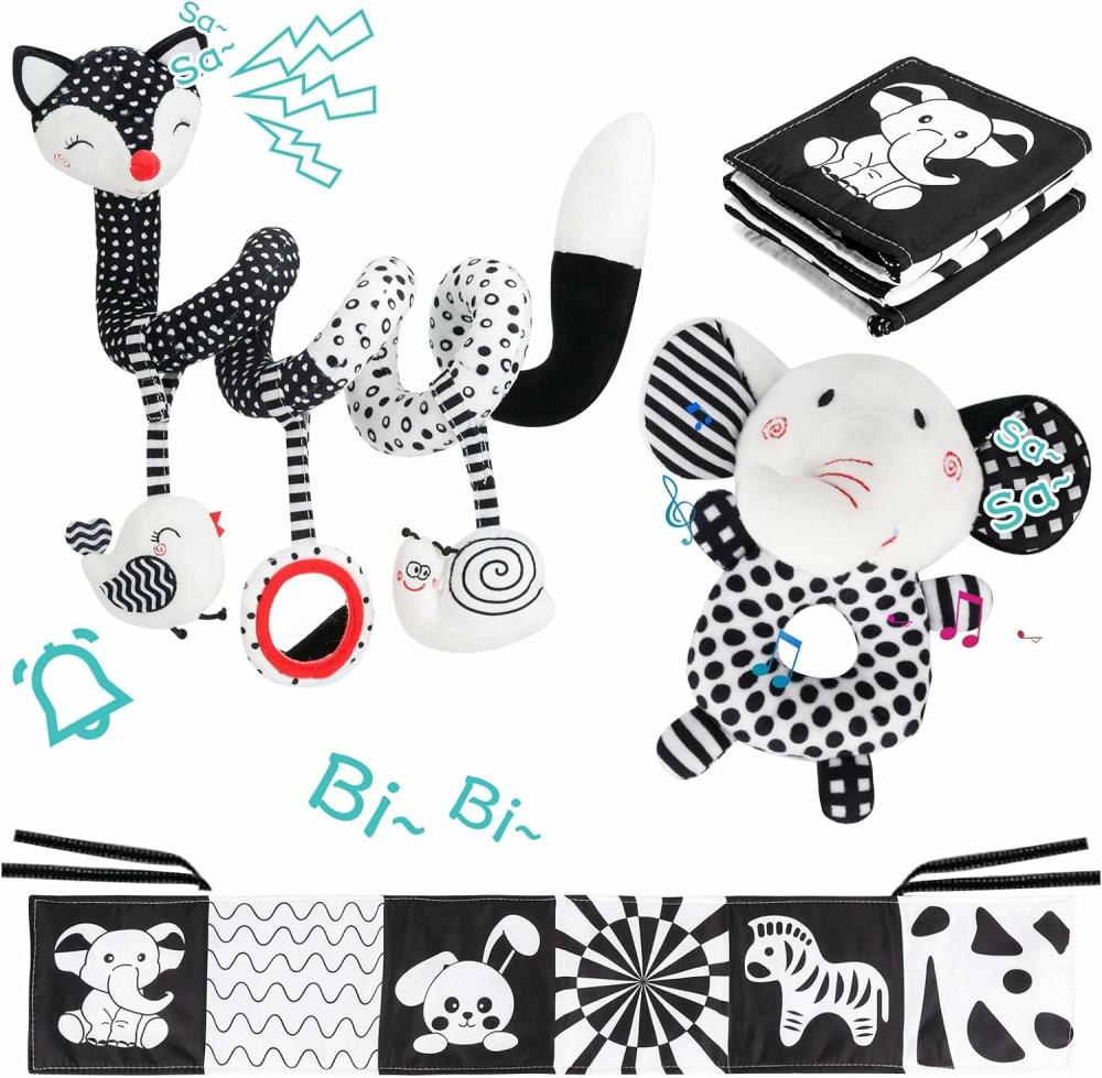 Hochets et anneaux en peluche  | 3 pièces de jouets de siège auto pour bébés de 0 à 6 mois, jouets de hochet suspendus noir et blanc pour mobile de lit, jouets pour bébés à fort contraste, jouets sensoriels pour nourrissons, meilleur cadeau pour 0-6 et 6-12 mois.