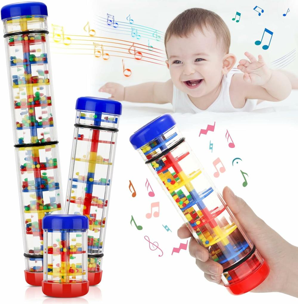 Hochets et anneaux en peluche  | 3 Pièces de Rainmaker Stick de Pluie pour Bébé – Instrument Musical Auditif Sensoriel – Tube à Secouer en Plastique pour Garçons et Filles – 4 Pouces, 8 Pouces, 12 Pouces – Un Pour Chaque Taille