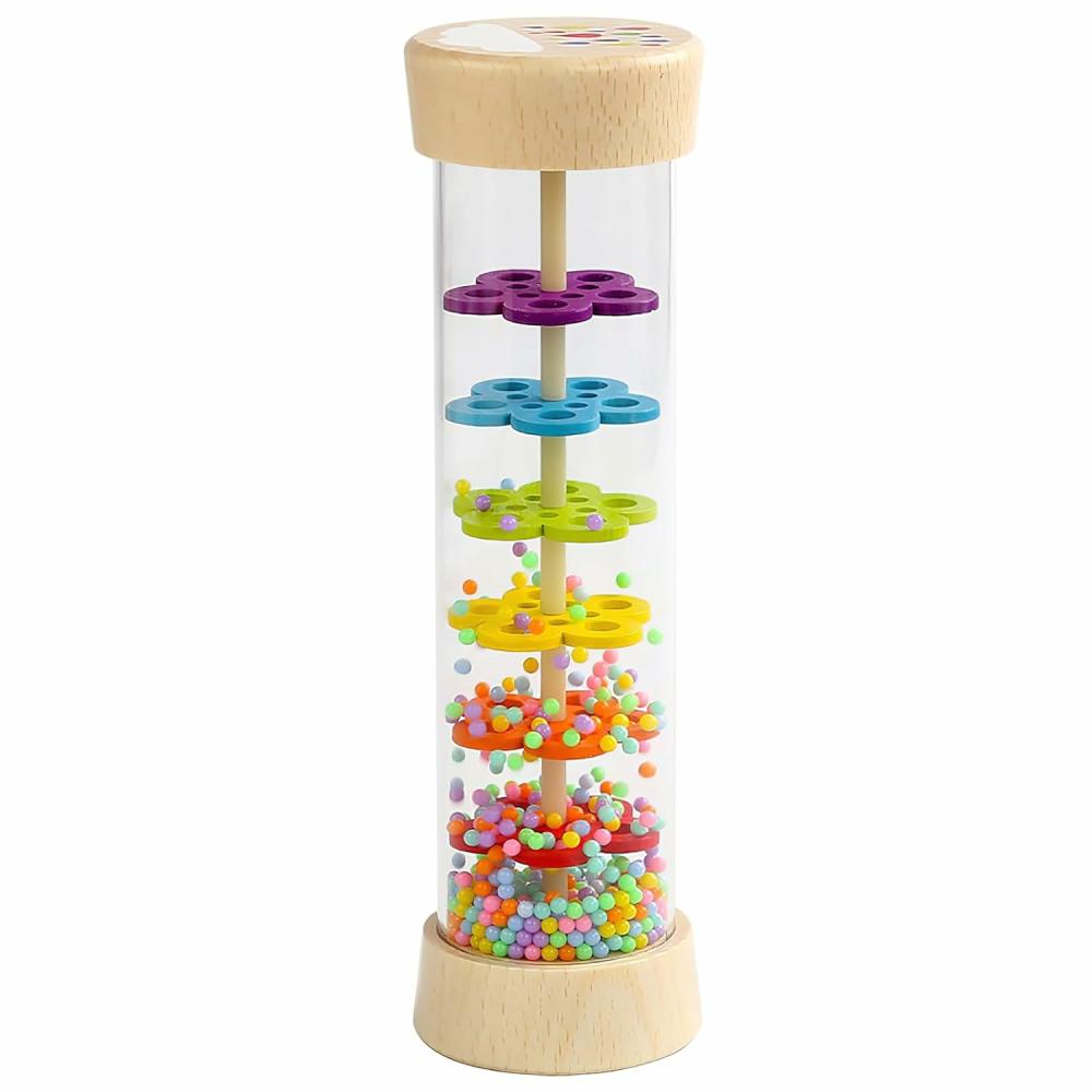 Hochets et anneaux en peluche  | Bâton de pluie en bois Wodi – Jouets Montessori pour bébés de 6 à 12 mois, hochet secoueur pour le développement sensoriel, instrument de musique gouttes de pluie – Jouets musicaux pour bébés et tout-petits de 1 an.