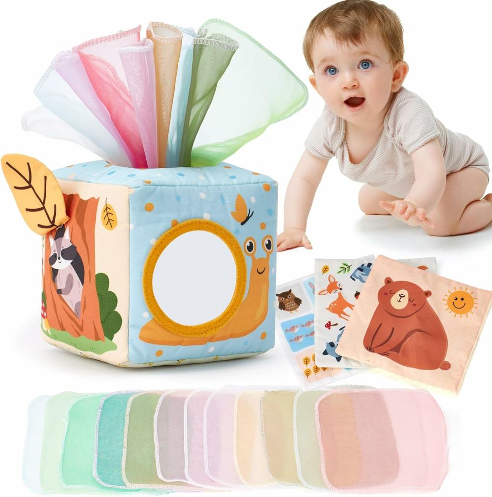 Hochets et anneaux en peluche  | Boîte à mouchoirs jouet pour bébé – Jouets pour bébés de 6 à 12 mois – Jouets Montessori pour bébés de 6 mois indispensables – Cadeaux de naissance pour garçons et filles de 6, 9, 12 et 18 mois