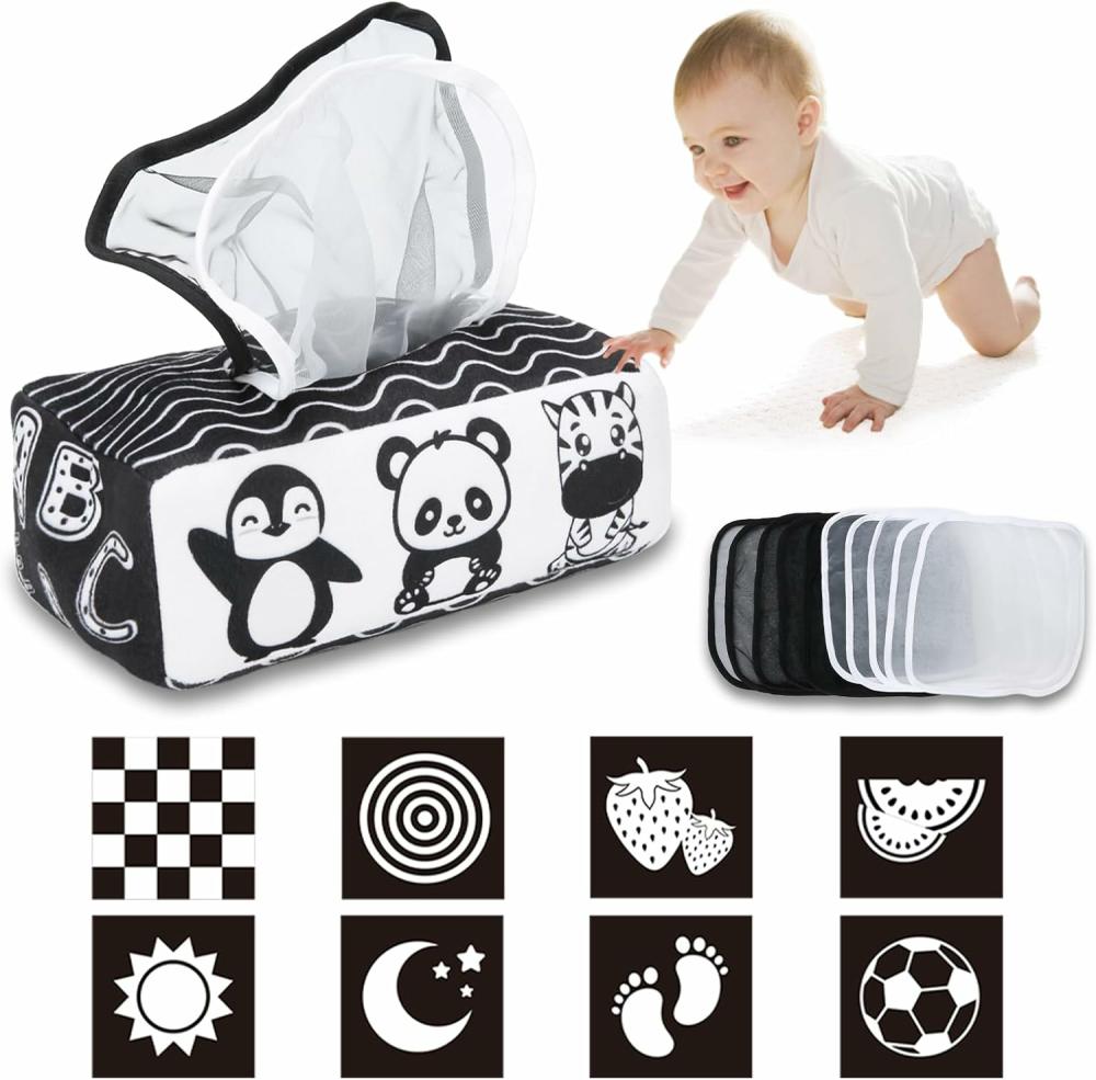 Hochets et anneaux en peluche  | Boîte à mouchoirs pour bébé Jouet en contraste élevé Jouets pour nouveau-nés Noir et blanc Jouet Montessori pour bébés de 3 mois Boîte à mouchoirs sensorielle Jouet pour bébé