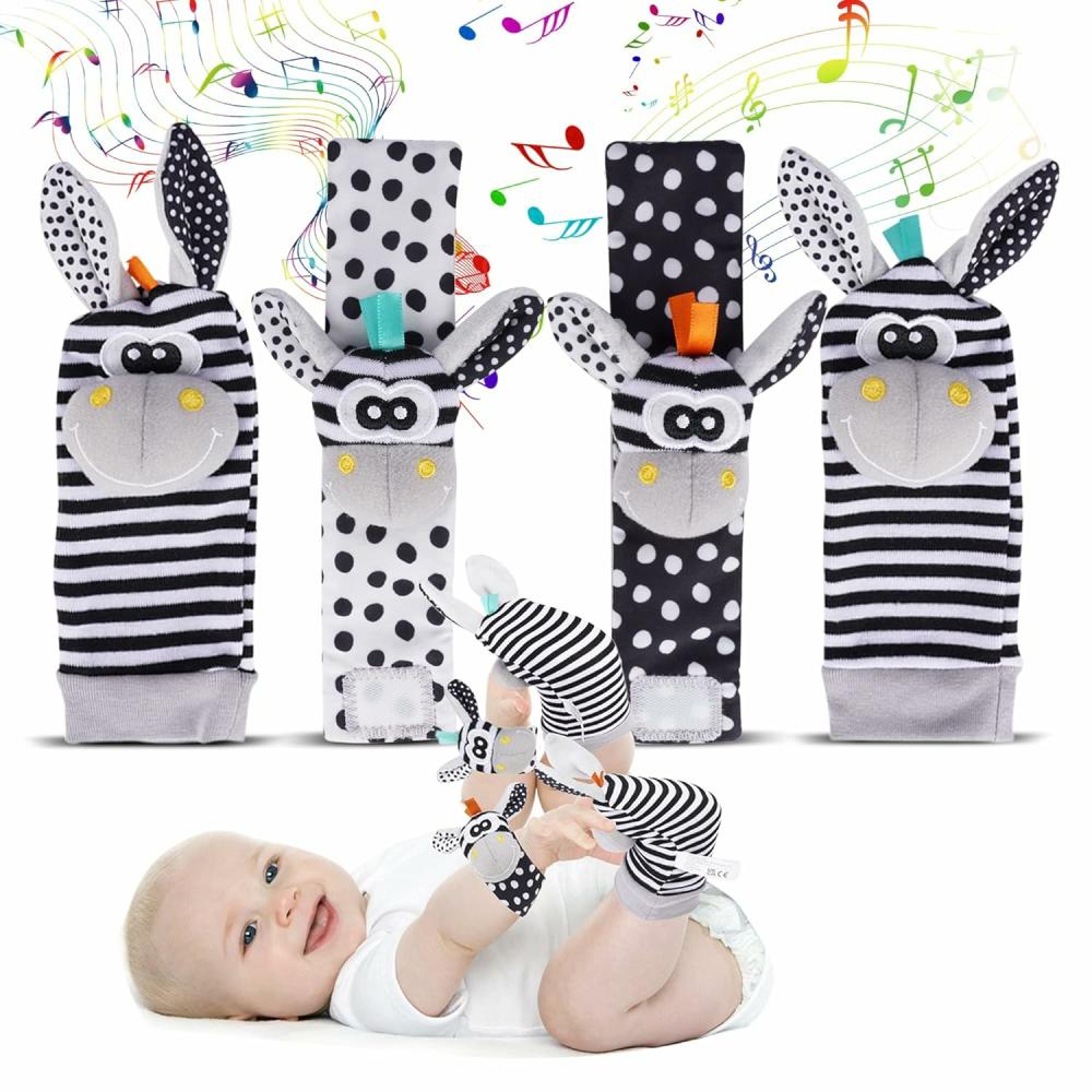 Hochets et anneaux en peluche  | Chaussettes Hochet avec Bracelet Rattles Set – Jouet de Développement pour Bébé Animal Mignon, Cadeau pour Nouveau-nés – Set Sensoriel Trouve-Pieds Noir et Blanc