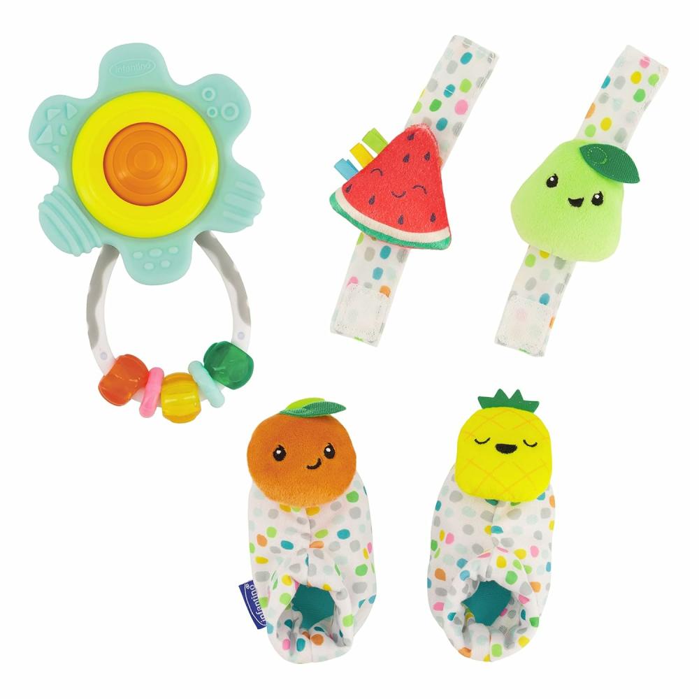 Hochets et anneaux en peluche  | Ensemble cadeau de hochet pour bébé 1er anniversaire – Hochets de poignet – Hochets de pied – Hochet à mâcher et à tourner en gomme – Thème fruits multicolores – Ensemble de 3 pièces à valeur ajoutée pour bébés de 0 mois et plus.