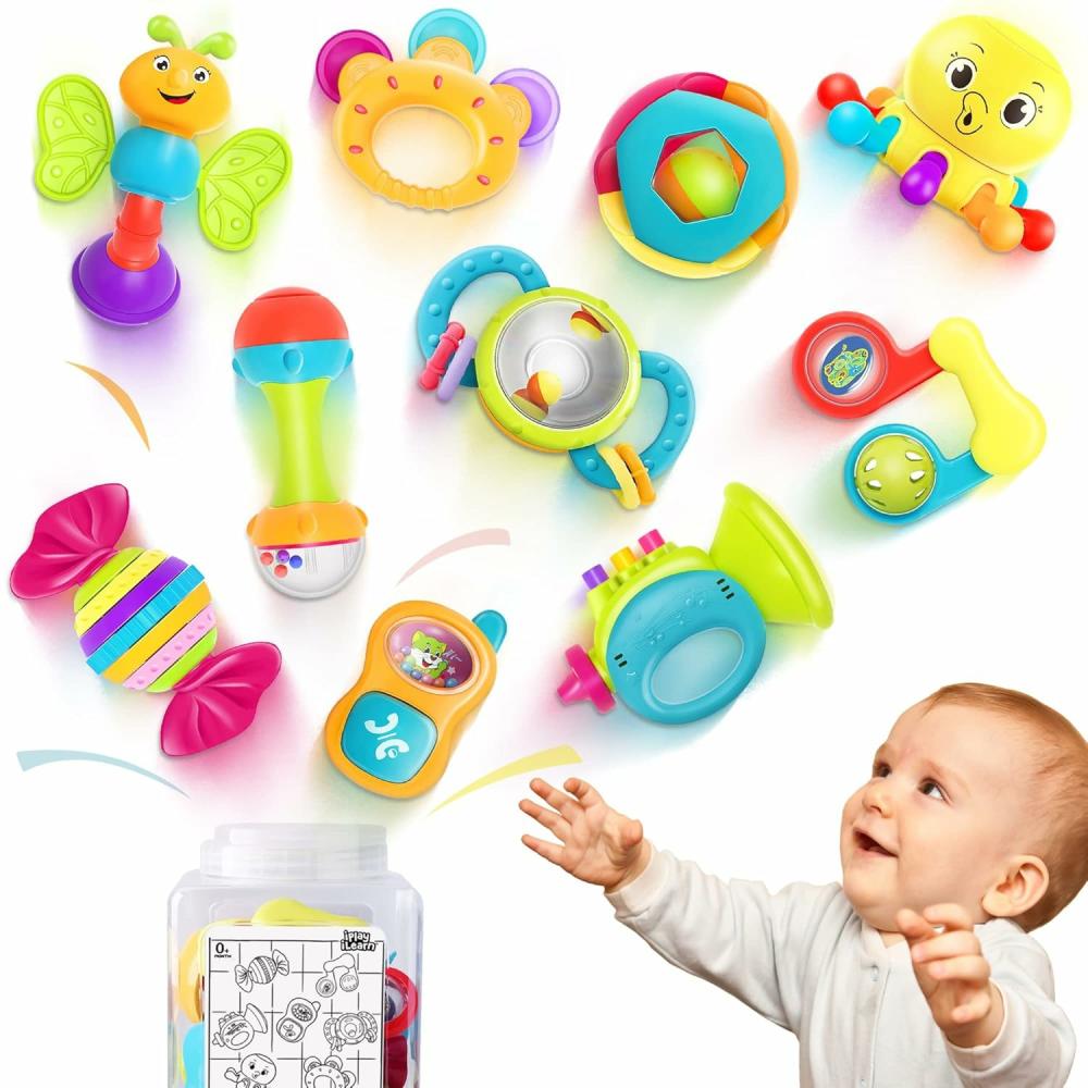 Hochets et anneaux en peluche  | Ensemble de 10 jouets de hochet pour bébé – Hochet à saisir et à secouer – Anneau de dentition sensoriel – Jouet musical pour le développement des bébés – Cadeau de première anniversaire pour nouveau-né – Garçon et fille de 0 à 12 mois.