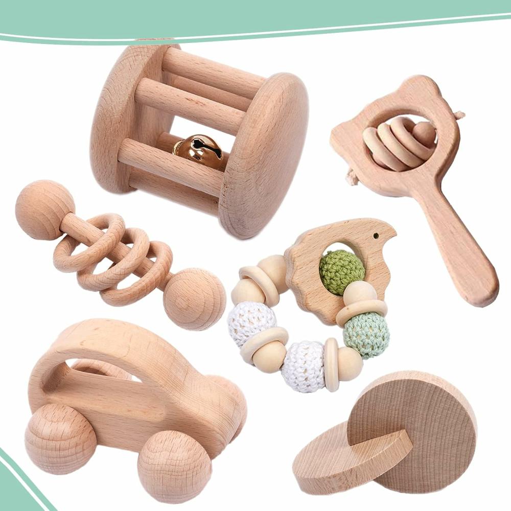 Hochets et anneaux en peluche  | Ensemble de 6 pièces – Jouets en bois pour bébés de 0 à 6 mois, jouets en bois pour bébés avec hochets et cloches, hochets en bois voiture à pousser, jouets hochets en bois cadeaux pour garçons et filles, jouets Montessori pour bébés de 0 à 6 mois.