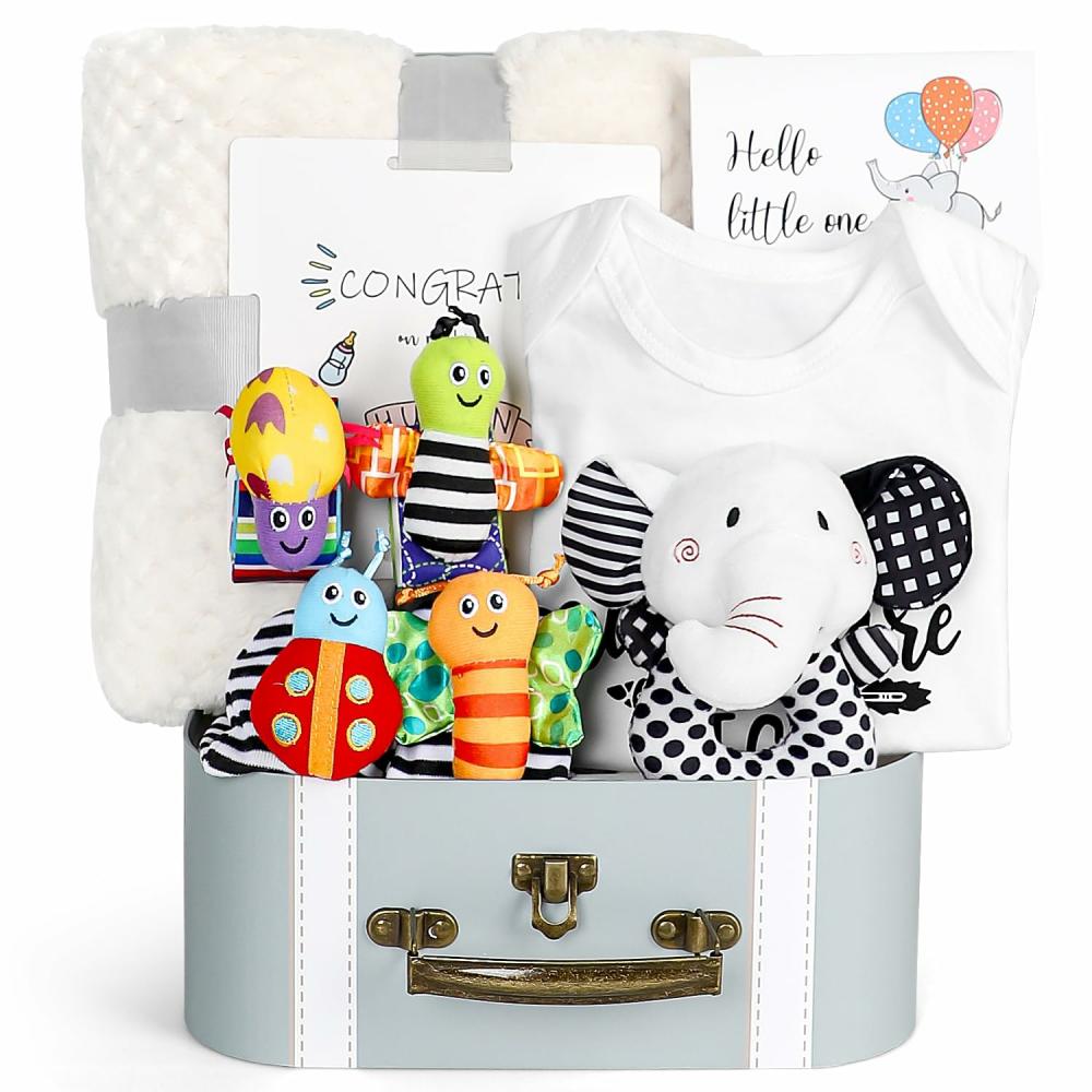 Hochets et anneaux en peluche  | Ensemble de cadeaux pour bébé  Cadeaux de baby shower  Jouets pour bébé en noir et blanc à contraste élevé 0-6 mois pour les essentiels des nouveau-nés  Hochets pour nourrissons  Chaussettes  Jouets éléphants  Couverture  Bodies  Panier-cadeau pour bébé pour filles et garçons