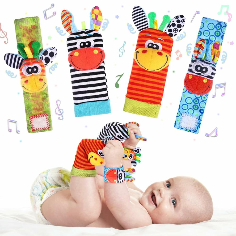 Hochets et anneaux en peluche  | Ensemble de chaussettes de bébé avec hochet et cherche-pieds – Bracelet hochet pour bras et mains, chaussettes pour pieds et chevilles, jouets sensoriels doux pour nouveau-nés. Hochets pour bébés, cadeaux pour bébés de 0 à 3 mois et 6 à 12 mois, pour filles et garçons.