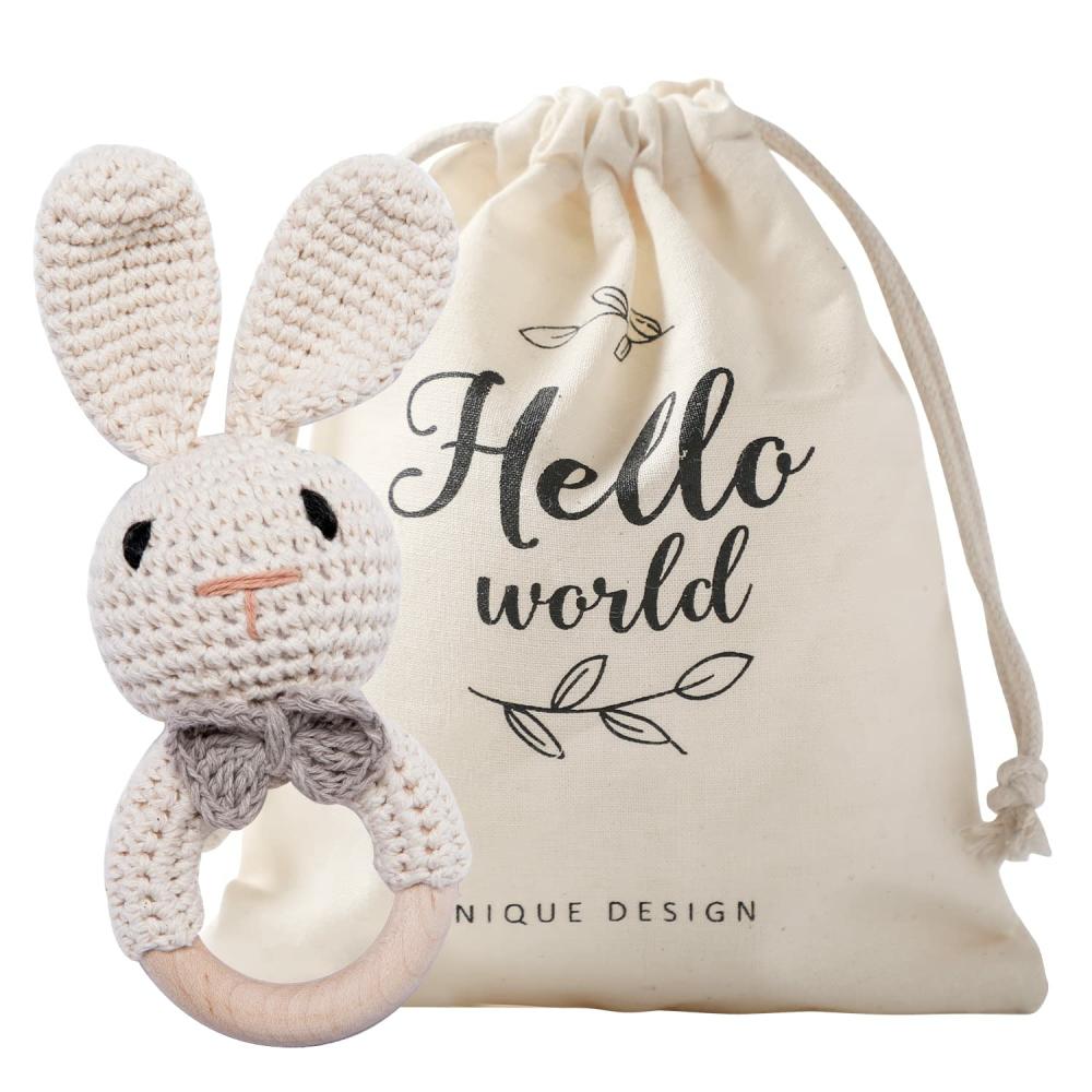 Hochets et anneaux en peluche  | Hochets en bois pour bébé – Anneau en crochet de lapin mignon – Jouets pour bébés, Lapin beige