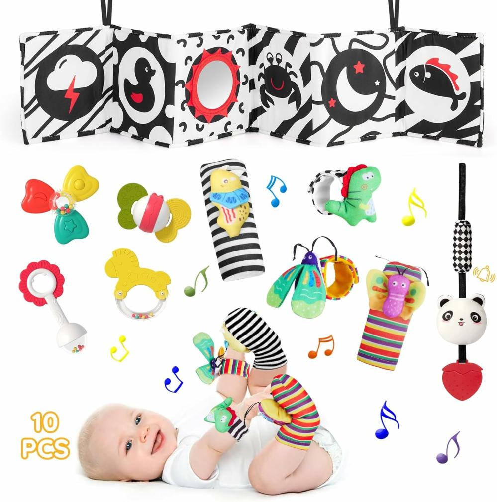 Hochets et anneaux en peluche  | Hochets pour bébés 0-6 mois – Jouets pour nouveau-nés en noir et blanc à fort contraste – Jouets Montessori sensoriels pour le temps sur le ventre – Ensemble de hochets pour bébés garçons et filles de 0-3-6-12 mois avec chaussettes et bracelets de poignet.