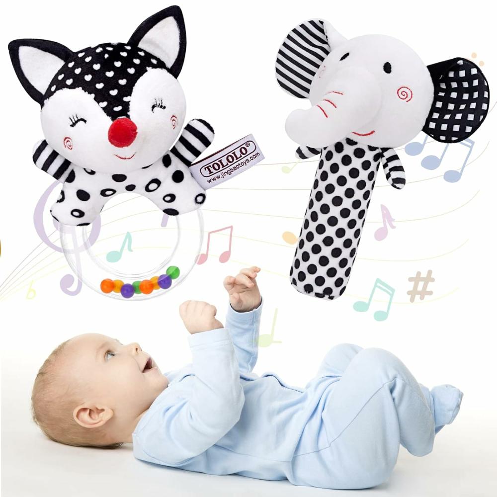 Hochets et anneaux en peluche  | Hochets pour bébés de 0 à 6 mois : Hochets doux pour bébés de 0 à 6 mois, jouets sensoriels pour nouveau-nés, jouets pour bébés en noir et blanc à fort contraste de 0 à 3 mois, jouet en peluche hochet pour nourrissons garçons et filles de 0, 3, 6, 9, 12 mois, cadeau idéal.