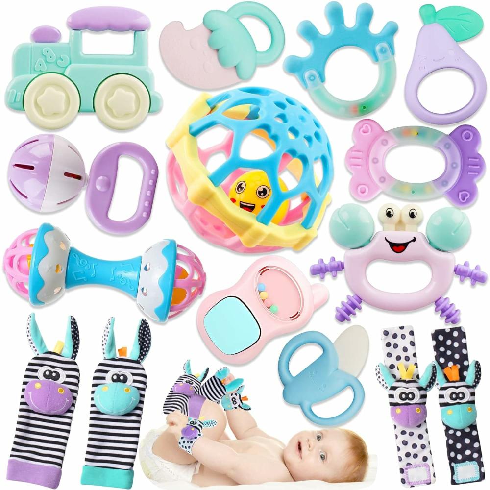 Hochets et anneaux en peluche  | Hochets pour bébés de 0 à 6 mois : Hochets pour bébés de 0 à 6 mois, jouets hochet pour bébés de 0-3-6-12 mois, jouets hochet pour nourrissons de 0 à 6 mois, jouets de dentition – Ensemble de hochets pour nouveau-nés garçon et fille, chaussettes de poignet.