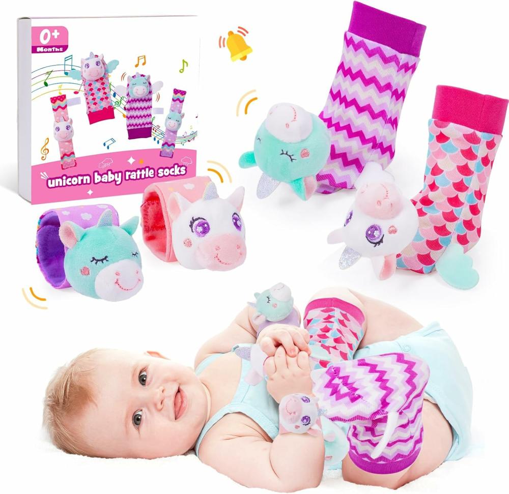 Hochets et anneaux en peluche  | Hochets pour les poignets et les pieds des bébés – Jouets pour bébés de 3 à 6 mois – Jouets sensoriels pour nourrissons – Chaussettes hochet pour bébés de 0 à 6 mois – Jouets pour nouveau-nés de 3, 4, 5 et 6 mois – Cadeaux de naissance pour fille – Licorne