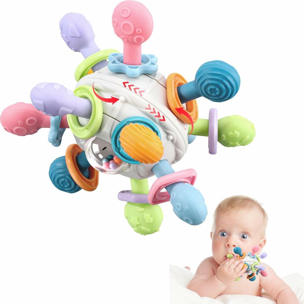 Hochets et anneaux en peluche  | Jouet de bébé en forme de balle, jouets de dentition sensoriels, anneau de dentition en silicone, jouet de motricité, jouet éducatif Montessori pour les premiers âges, hochet pour bébé, cadeau pour bébés de 3 à 18 mois.